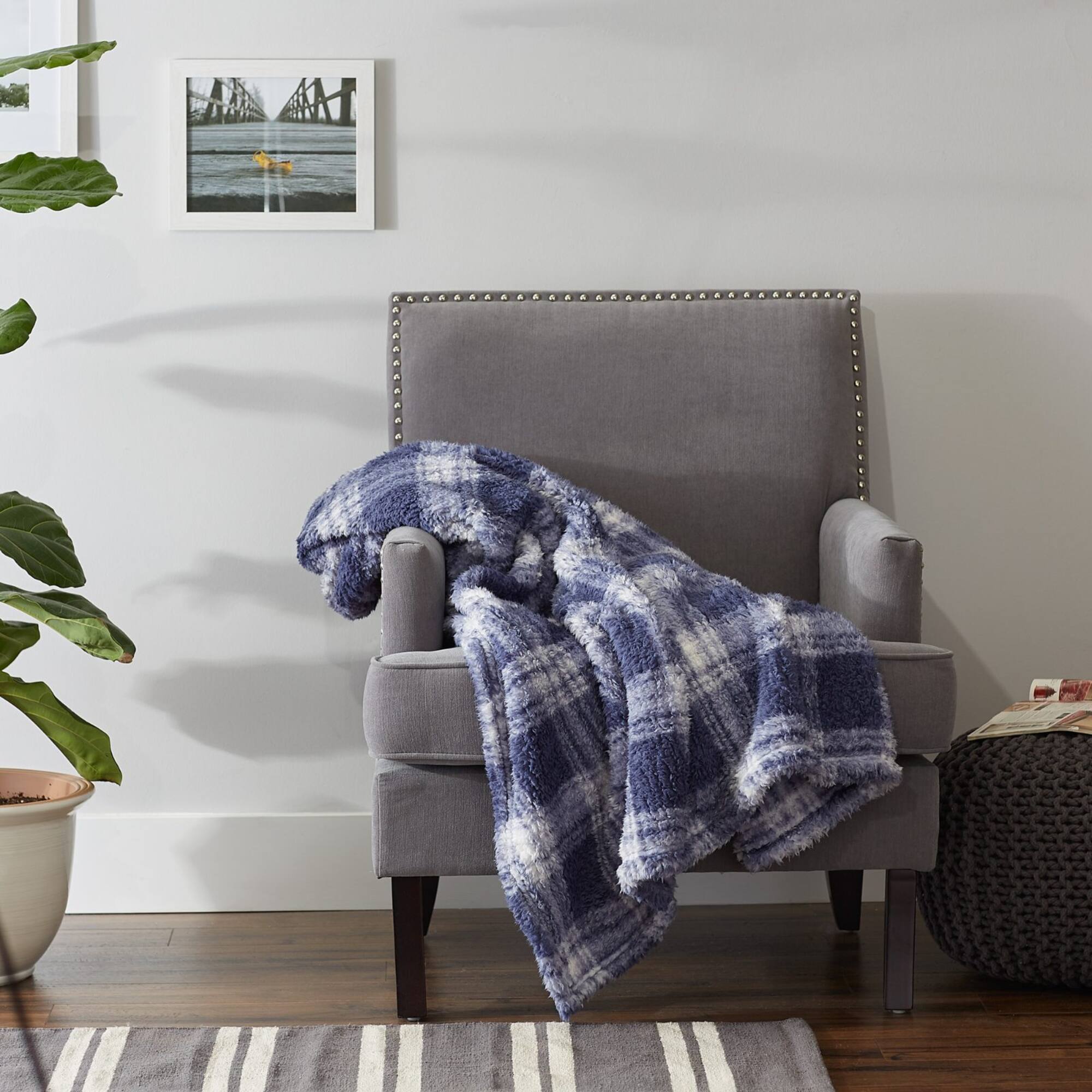DII® French Blue Farmhouse Plush Plaid Throw